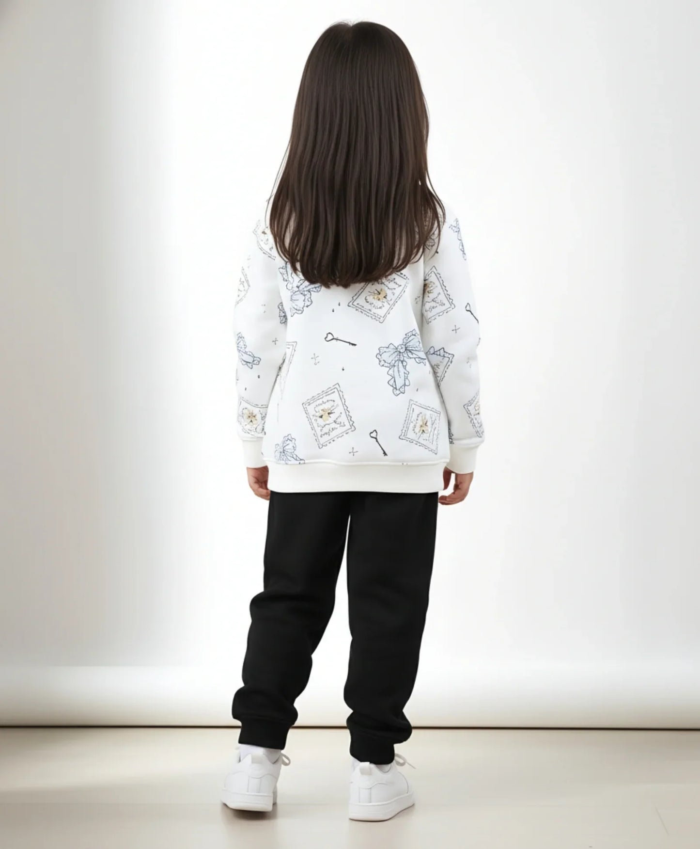 BOW KEY CAT GIRLS FLEECE BLACK SWEATSHIRT JOGGER SET - WHITE/BLACK