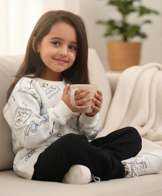 BOW KEY CAT GIRLS FLEECE BLACK SWEATSHIRT JOGGER SET - WHITE/BLACK