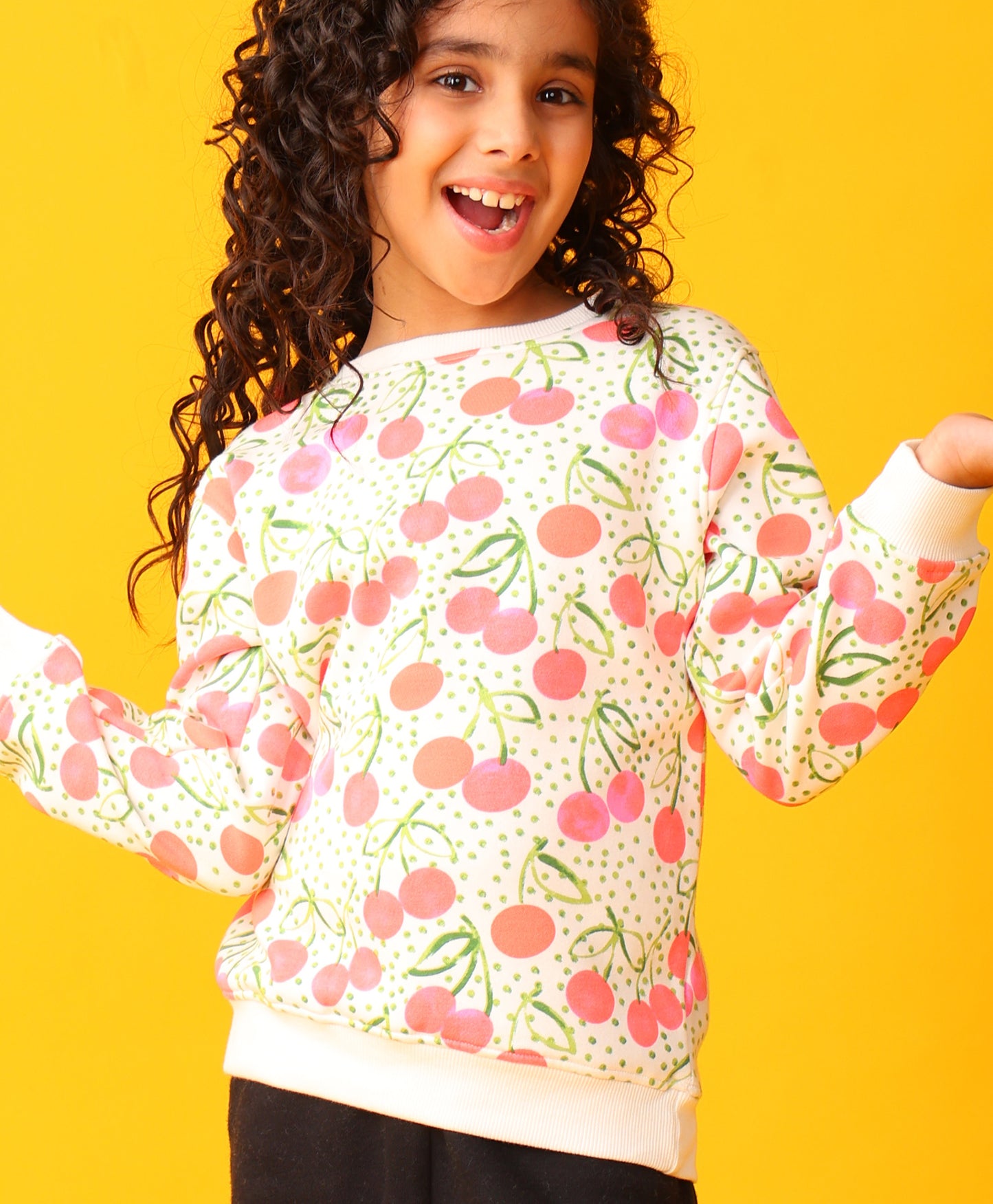 CHERRY LOVE GIRLS FLEECE SWEATSHIRT BLACK JOGGER SET - WHITE/BLACK