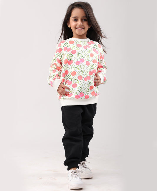CHERRY LOVE GIRLS FLEECE SWEATSHIRT BLACK JOGGER SET - WHITE/BLACK