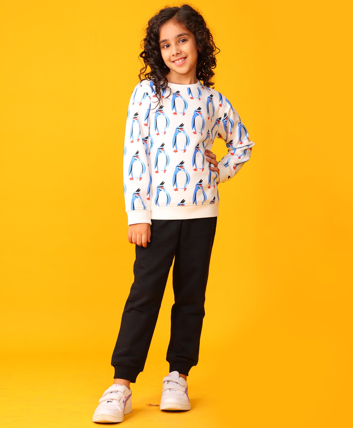 PENGUIN FLEECE GIRLS SWEATSHIRT BLACK JOGGER SET - WHITE/BLACK