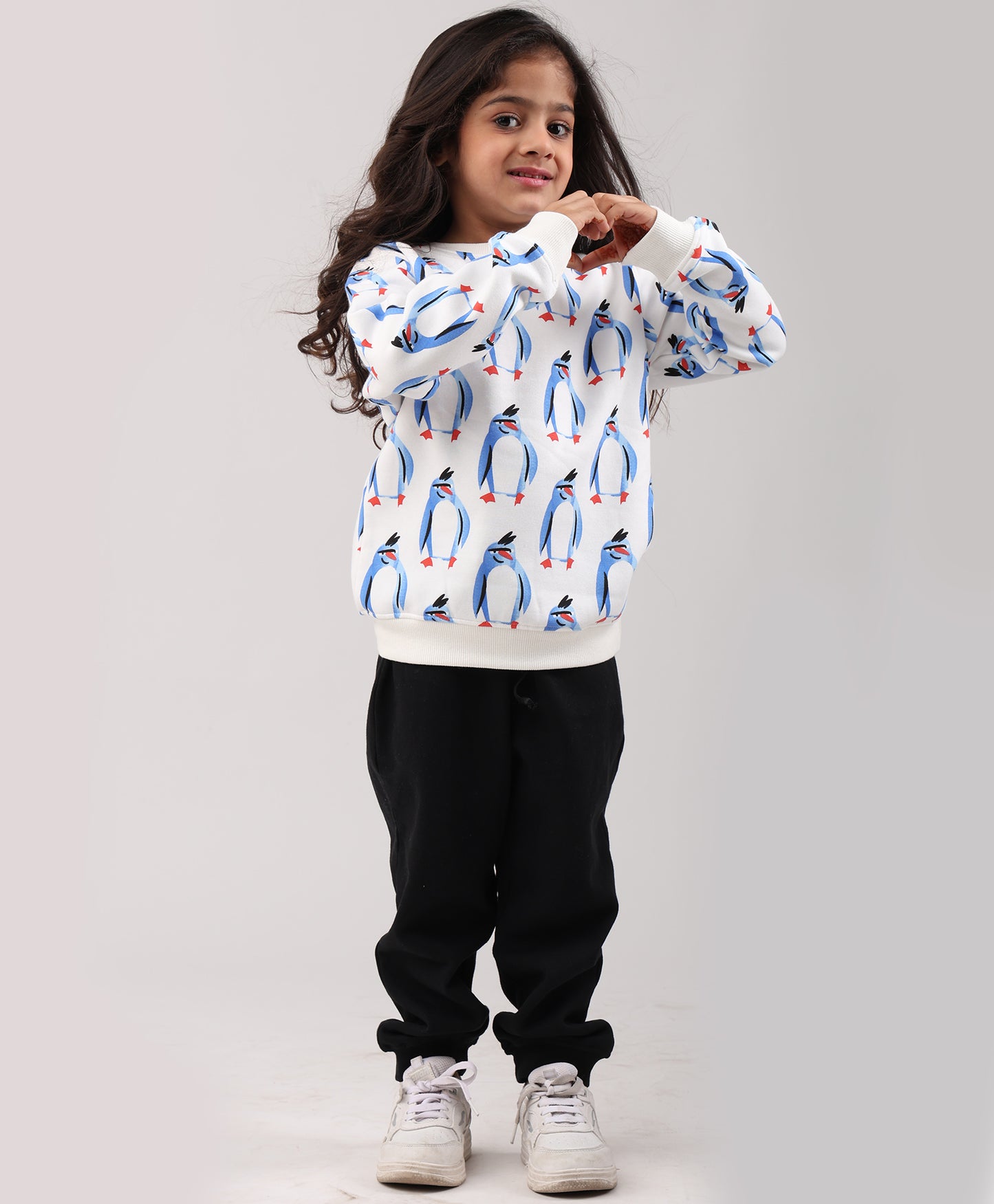 PENGUIN FLEECE GIRLS SWEATSHIRT BLACK JOGGER SET - WHITE/BLACK