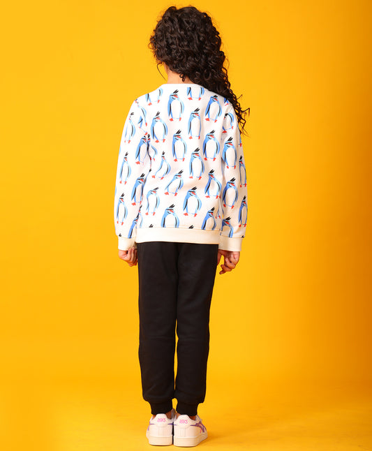 PENGUIN FLEECE GIRLS SWEATSHIRT BLACK JOGGER SET - WHITE/BLACK