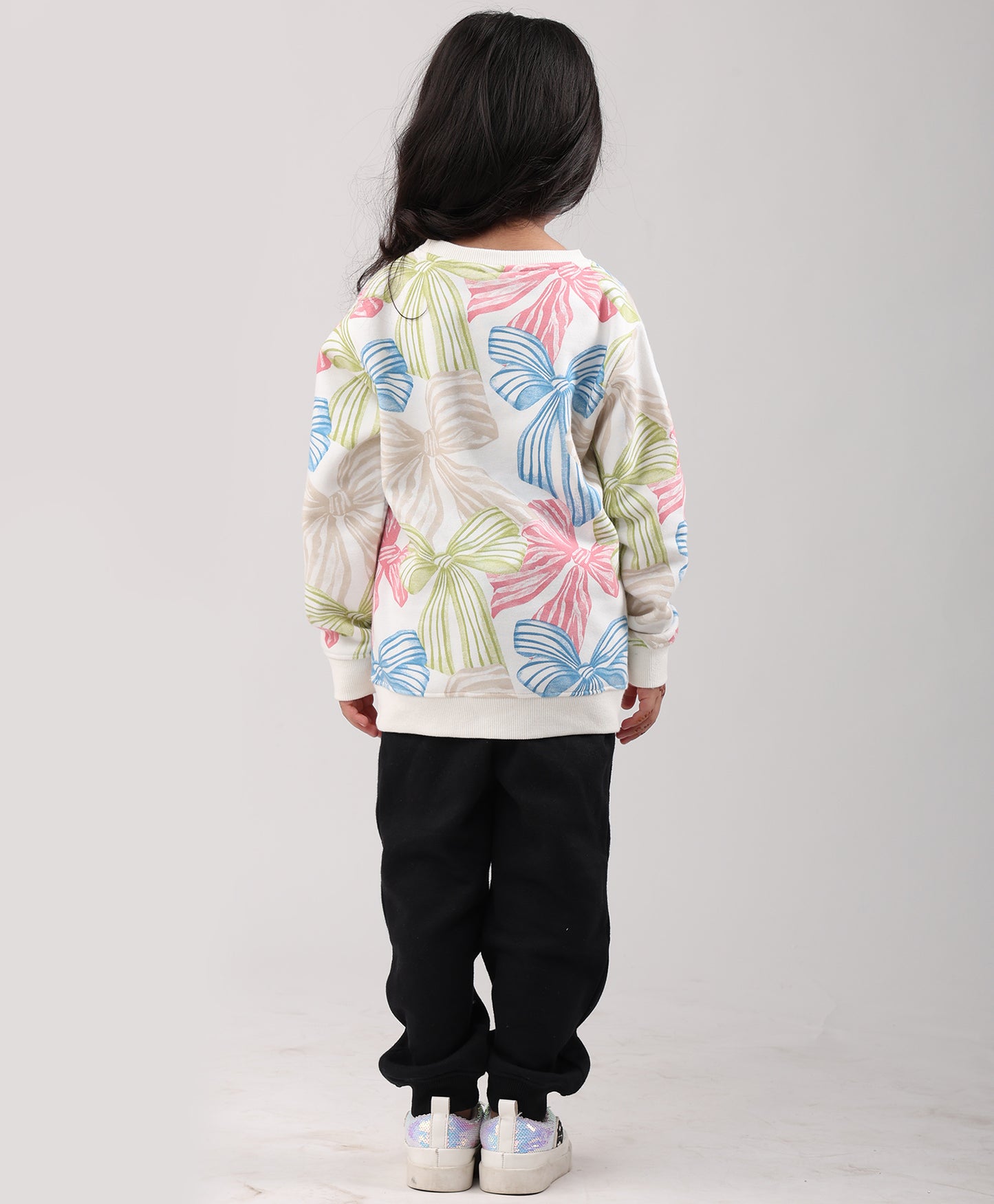 PAINTED BOW GIRLS FLEECE SWEATSHIRT BLACK JOGGER SET - WHITE/BLACK