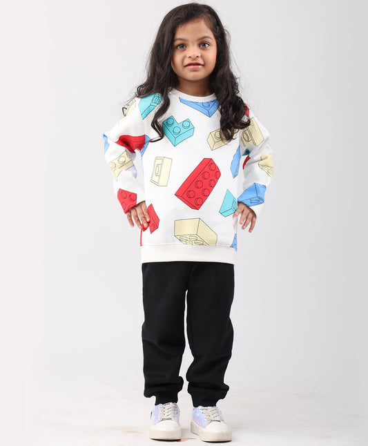 BLOCK BUILDER FLEECE GIRLS SWEATSHIRT BLACK JOGGER SET - OFF WHITE/BLACK