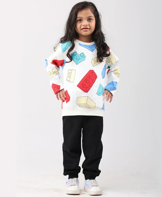 BLOCK BUILDER FLEECE GIRLS SWEATSHIRT BLACK JOGGER SET - OFF WHITE/BLACK