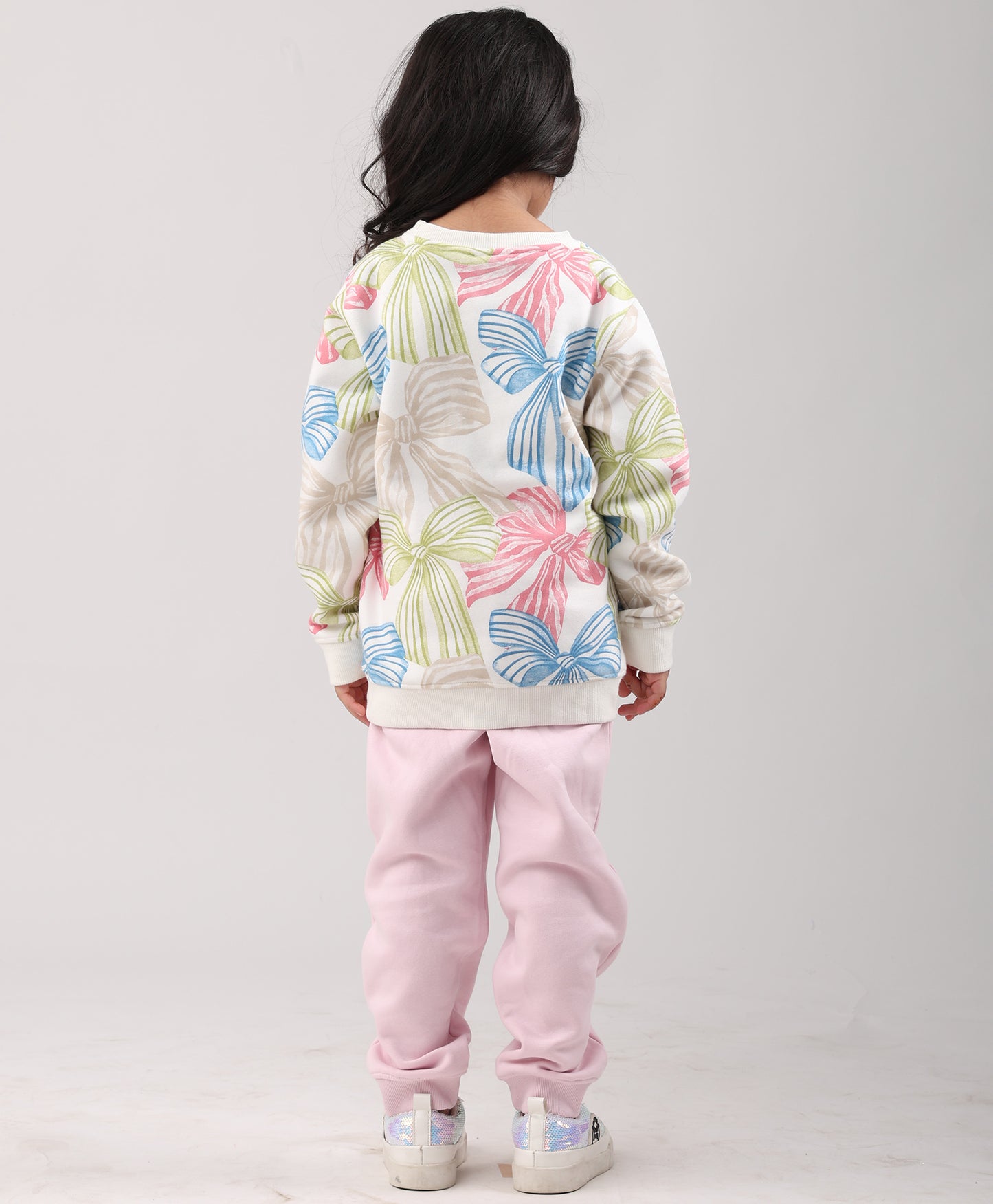 PAINTED BOW GIRLS SWEATSHIRT PINK FLEECE JOGGER SET - WHITE/PINK