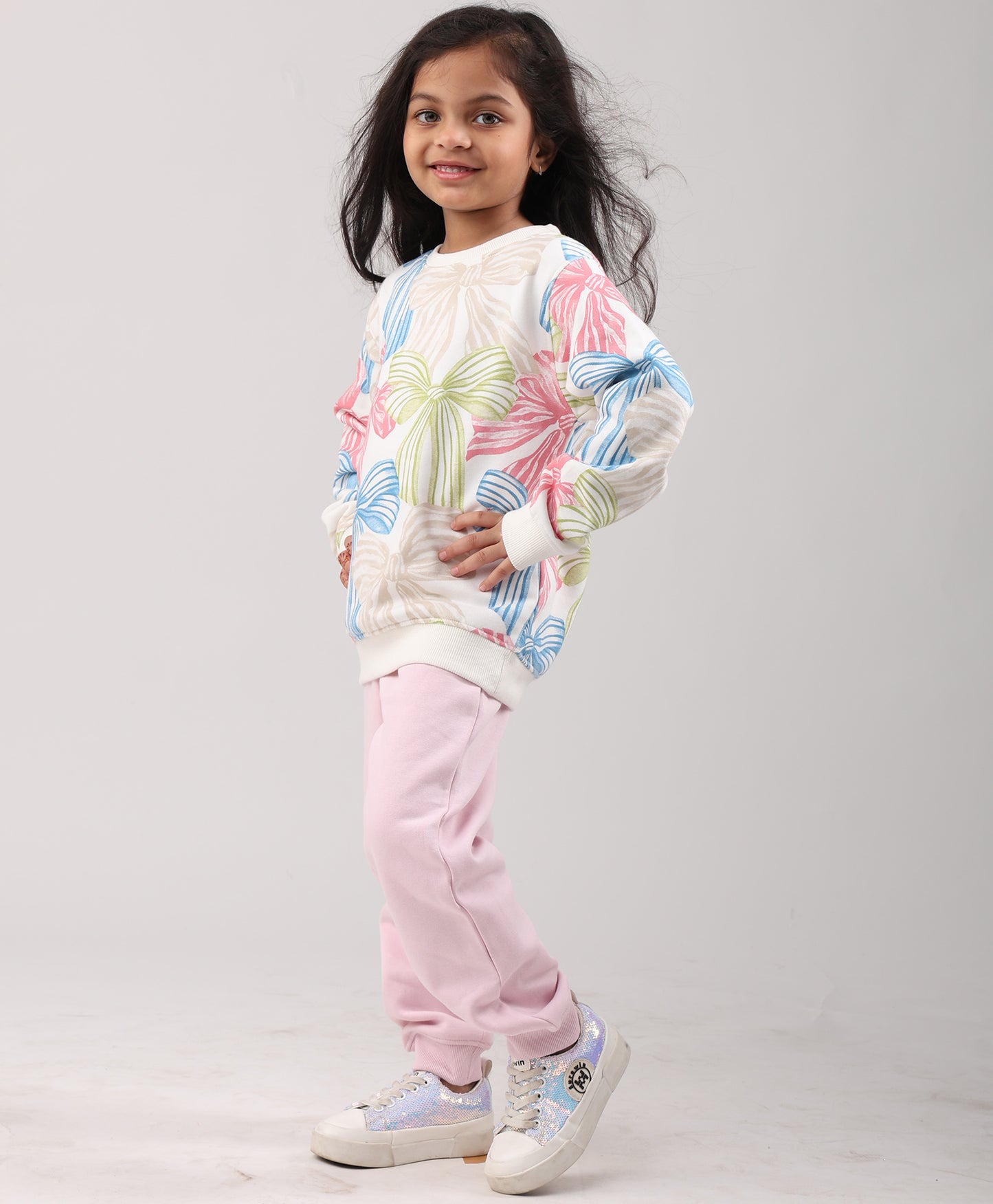 PAINTED BOW GIRLS SWEATSHIRT PINK FLEECE JOGGER SET - WHITE/PINK