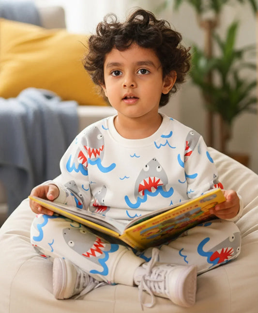 SLEEPY SHARK FLEECE SWEATSHIRT JOGGER SET - OFF WHITE - Anthrilo