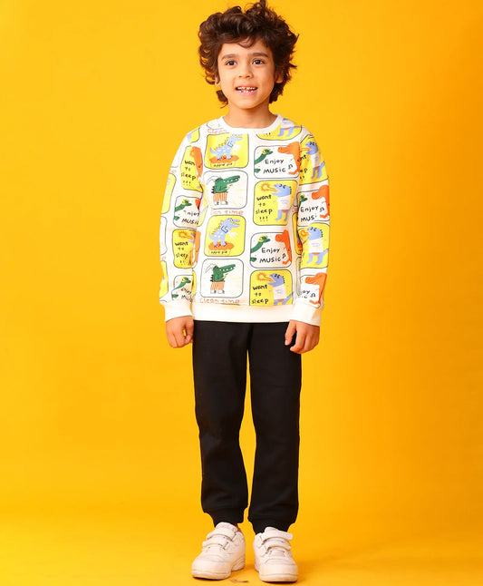 DINOSAUR STAMP FLEECE SWEATSHIRT BLACK JOGGER SET - OFF WHITE/BLACK