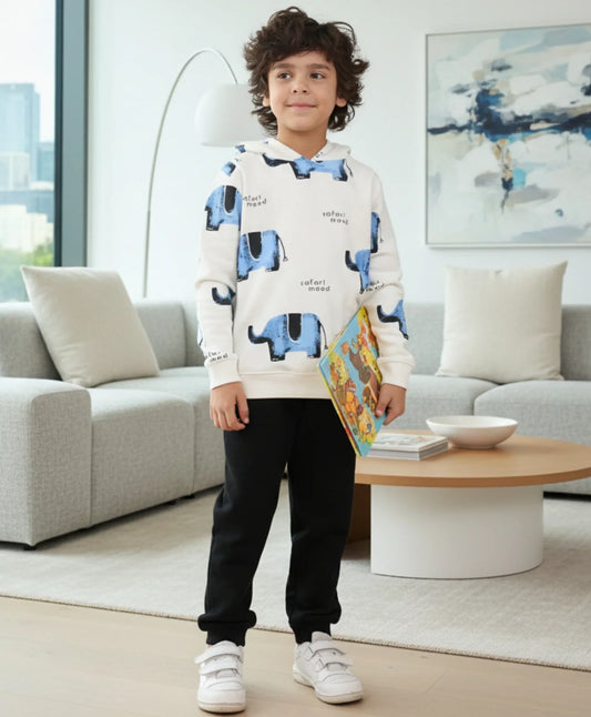 ELEPHANT SAFARI FLEECE HOODIE BLACK JOGGER SET - WHITE/BLACK