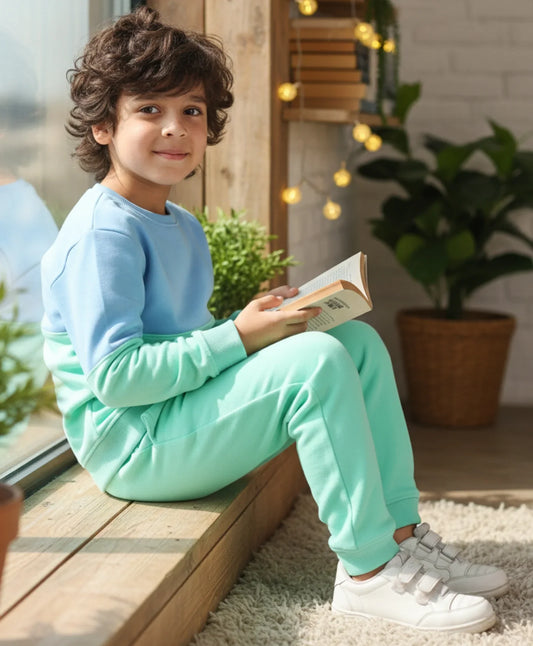 BLUE GREEN COLOR BLOCK FLEECE SWEATSHIRT JOGGER SET - BLUE/GREEN