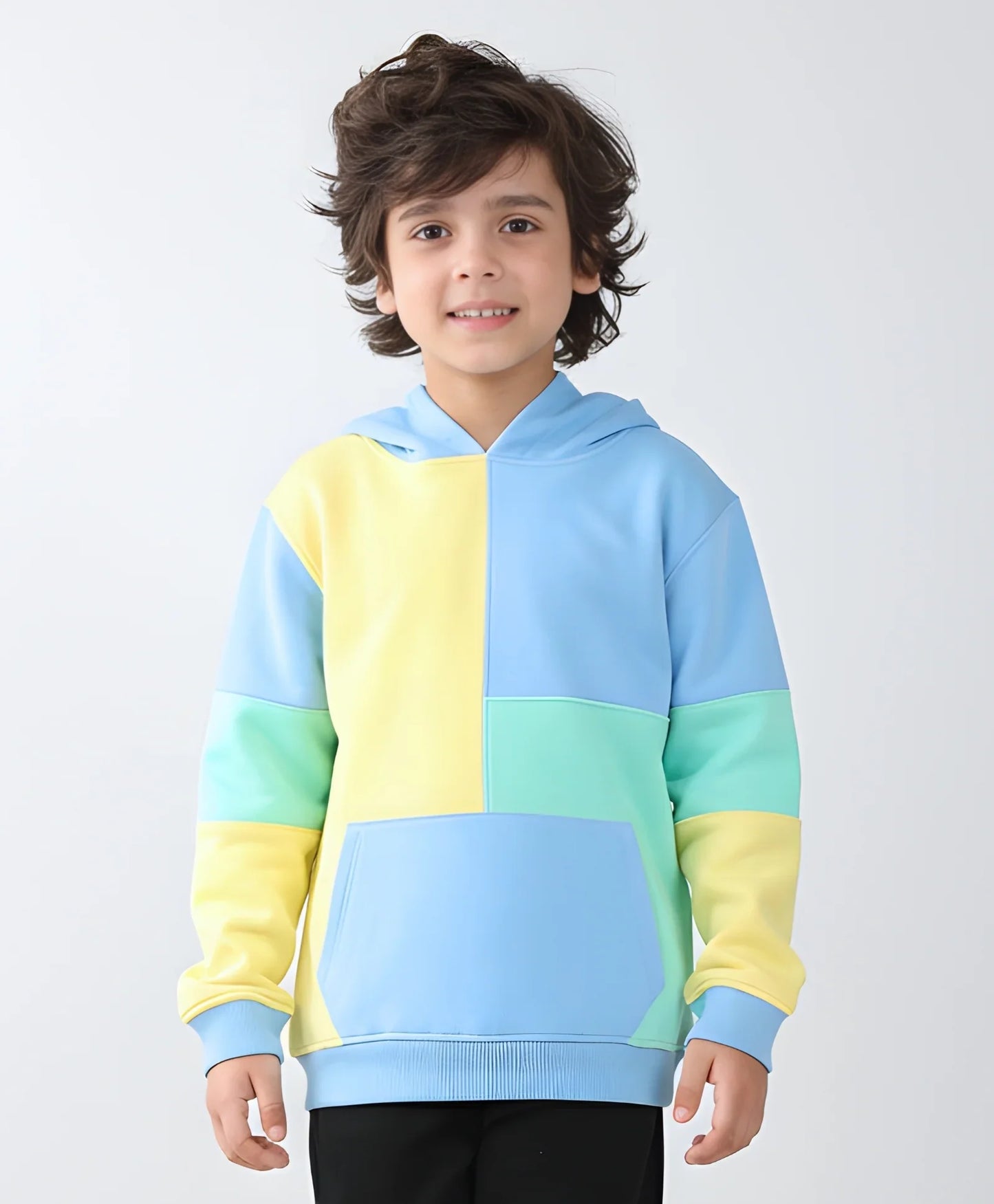 YELLOW SEA GREEN BLUE COLOR BLOCK HOODIE - YELLOW SEA GREEN BLUE