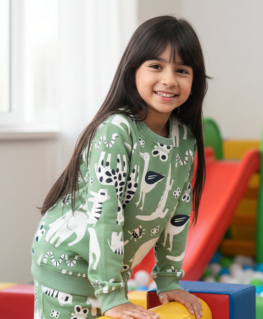 ANIMAL GREEN FLEECE GIRLS SWEATSHIRT - GREEN