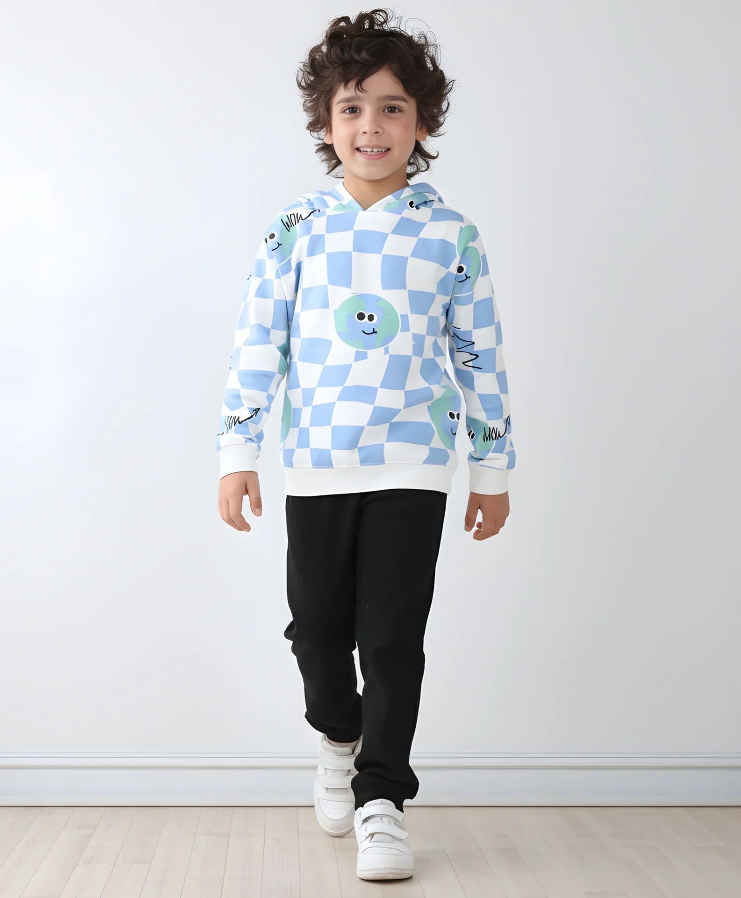 GLOBE CHECK FLEECE BOYS HOODIE BLACK JOGGER SET - OFF WHITE/BLACK