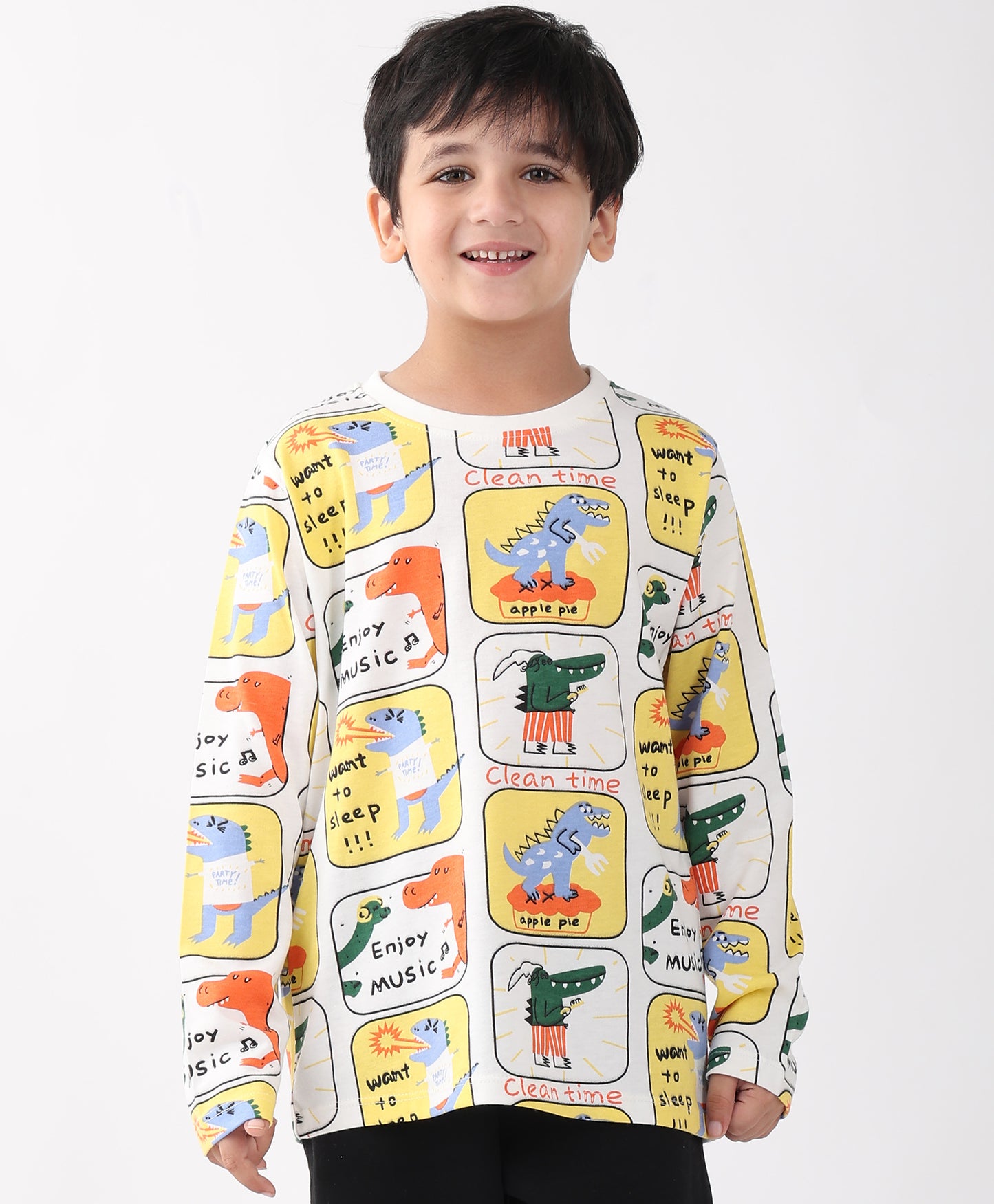 DINOSAUR STAMP LONG SLEEVE BOYS T-SHIRT -OFF WHITE