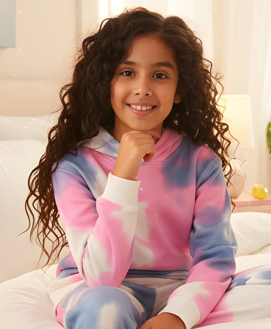 BLUE PINK TIE DYE GIRLS FLEECE HOODIE - WHITE