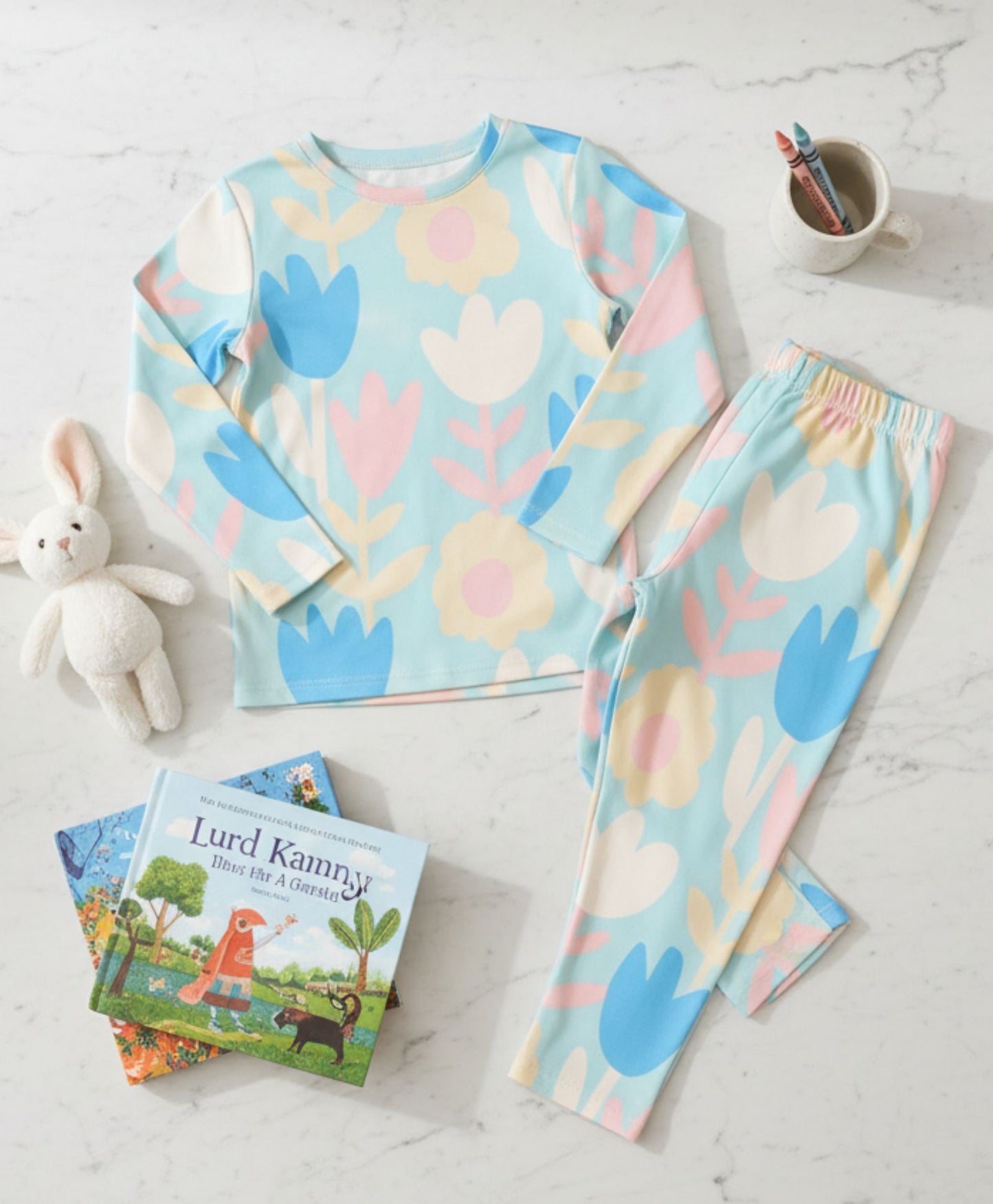 AQUA FLOWER GIRLS LONG SLEEVE PYJAMA SET - AQUA - Anthrilo