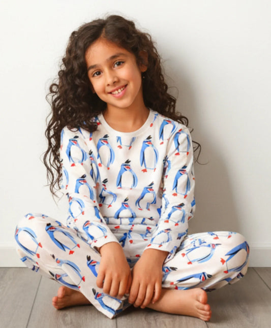 PENGUIN PRINT GIRLS LONG SLEEVE PYJAMA SET - WHITE