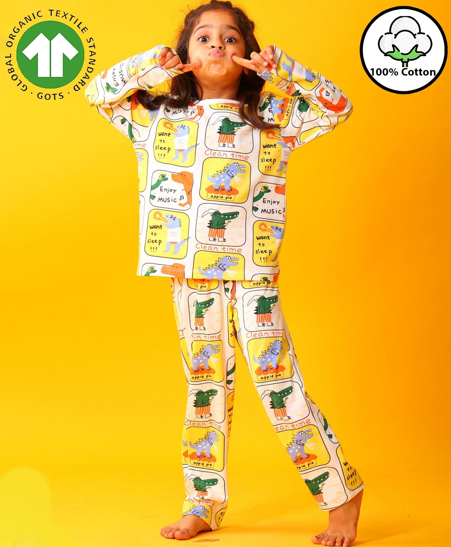 DINOSAUR STAMP GILRS LONG SLEEVE PYJAMA SET - WHITE