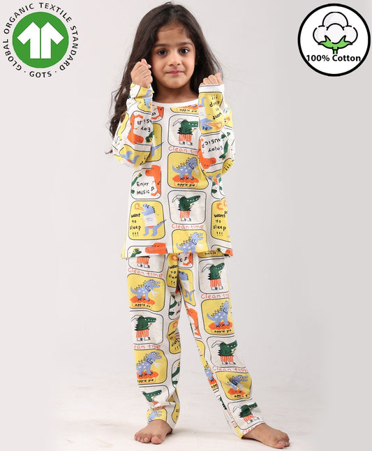 DINOSAUR STAMP GILRS LONG SLEEVE PYJAMA SET - WHITE