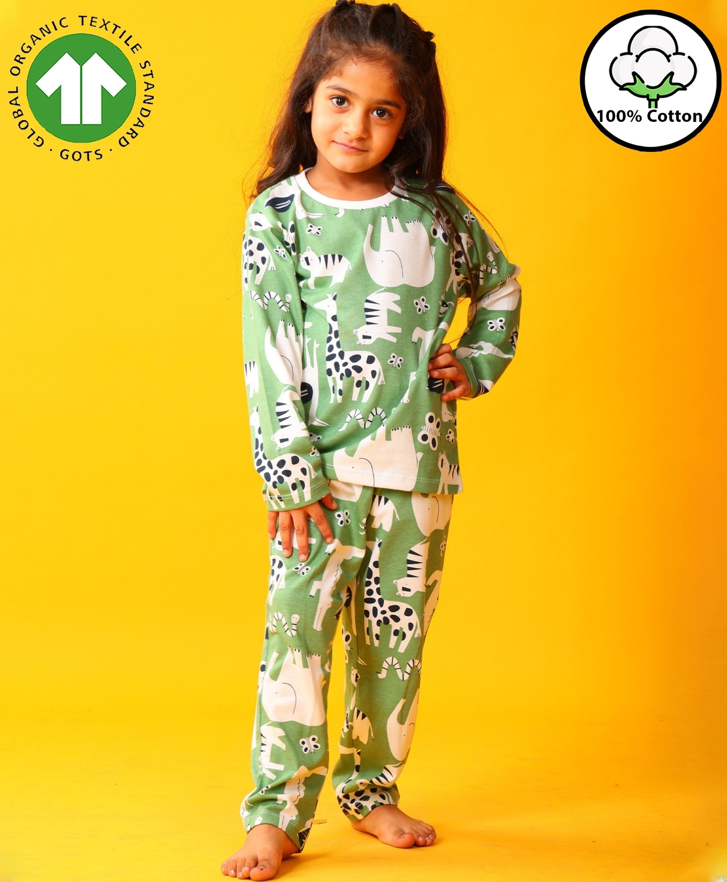 ANIMAL GREEN GIRLS LONG SLEEVE PYJAMA SET - GREEN