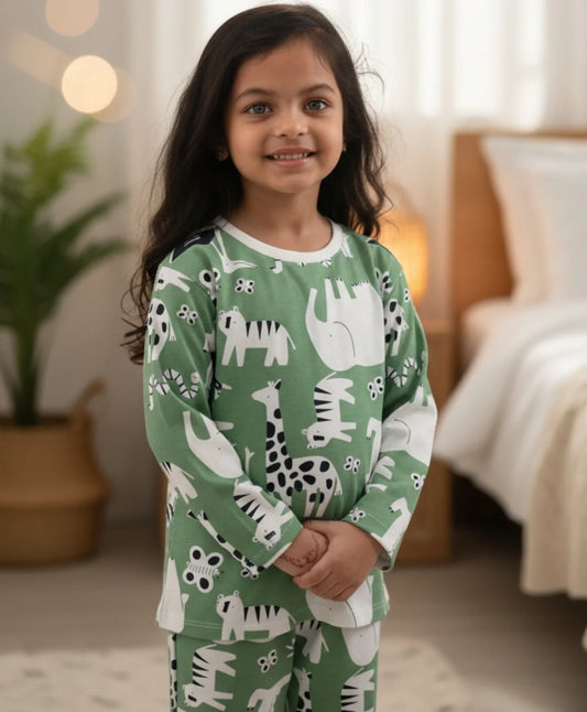 ANIMAL GREEN GIRLS LONG SLEEVE PYJAMA SET - GREEN