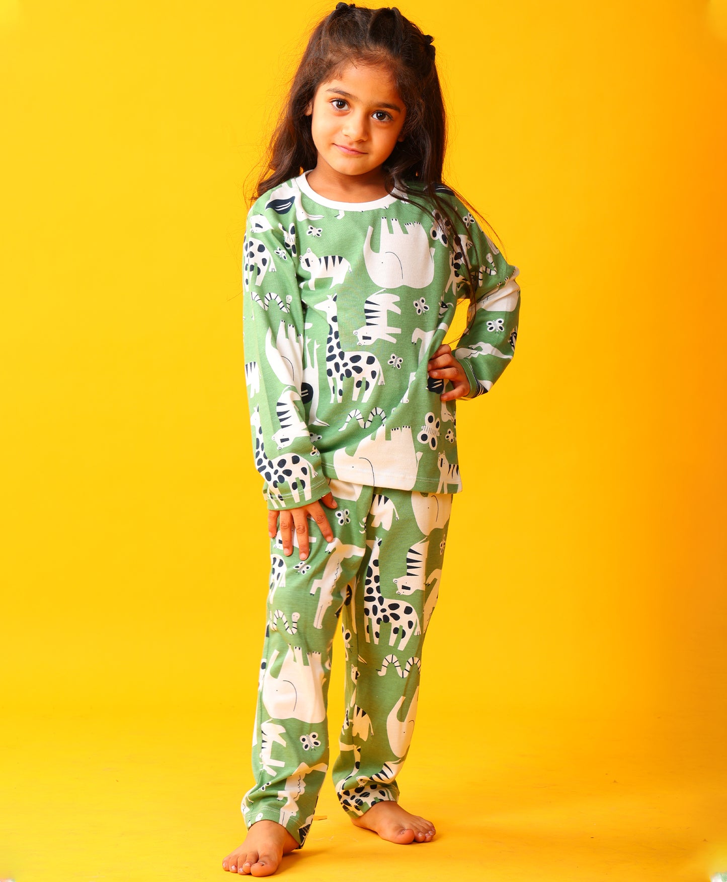ANIMAL GREEN GIRLS LONG SLEEVE PYJAMA SET - GREEN