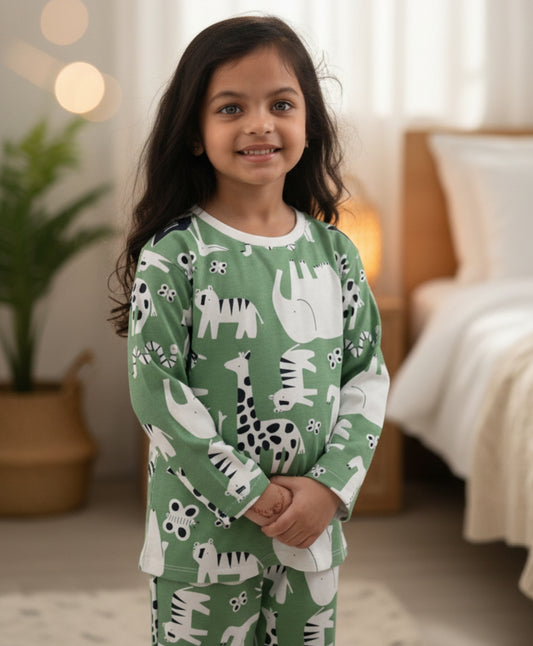 ANIMAL GREEN GIRLS LONG SLEEVE PYJAMA SET - GREEN