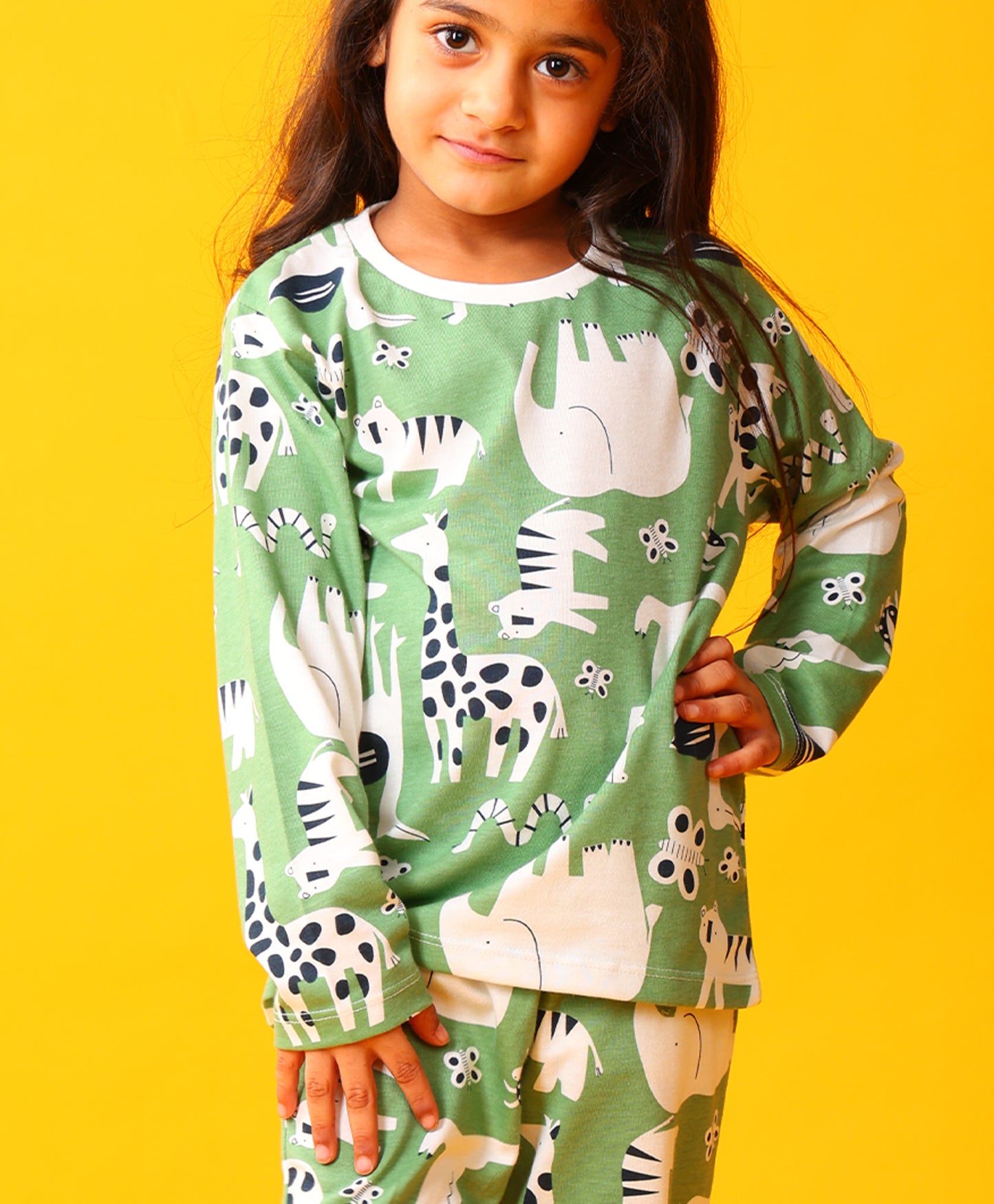ANIMAL GREEN GIRLS LONG SLEEVE PYJAMA SET - GREEN