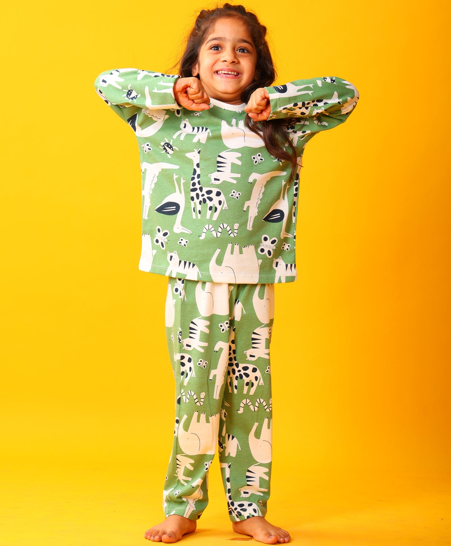 ANIMAL GREEN GIRLS LONG SLEEVE PYJAMA SET - GREEN