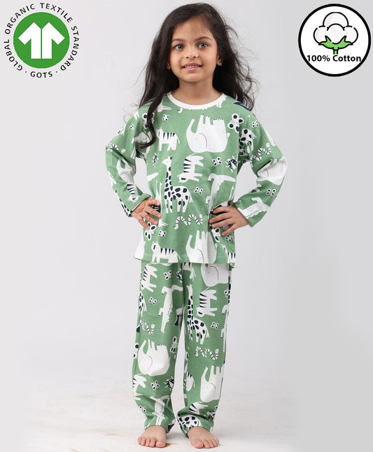 ANIMAL GREEN GIRLS LONG SLEEVE PYJAMA SET - GREEN