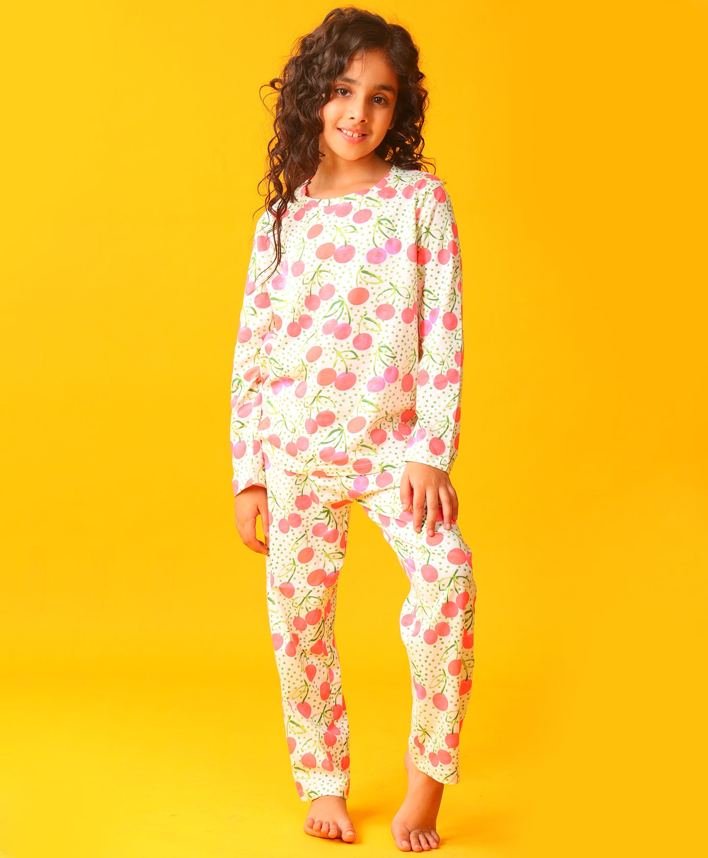 DOTTED CHERRY LONG SLEEVE PYJAMA SET - OFF WHITE