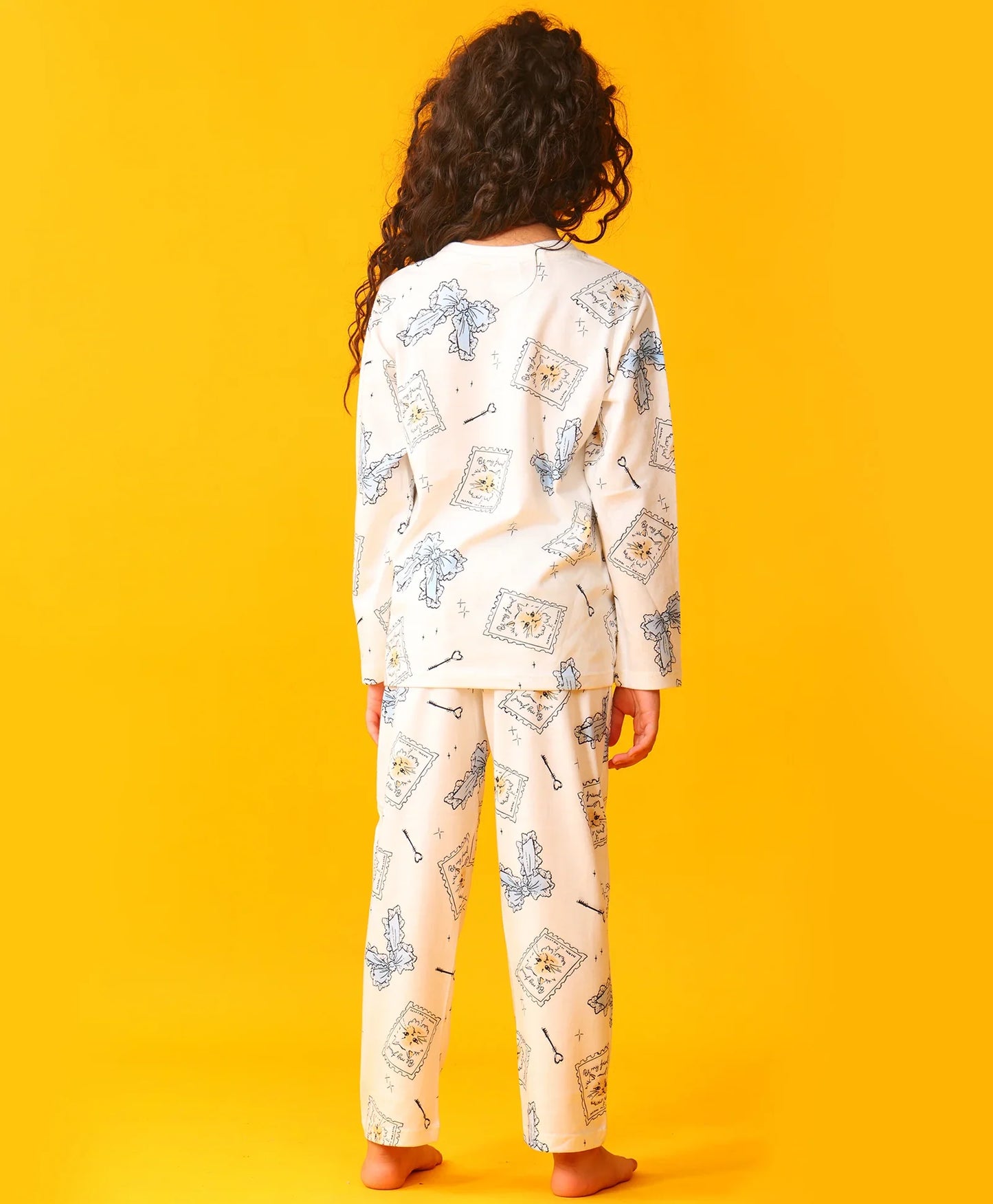 BOW KEY CAT LONG SLEEVE PYJAMA SET - WHITE