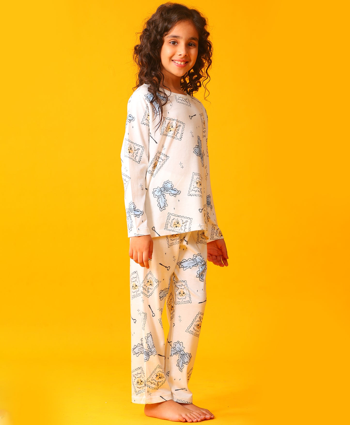 BOW KEY CAT LONG SLEEVE PYJAMA SET - WHITE