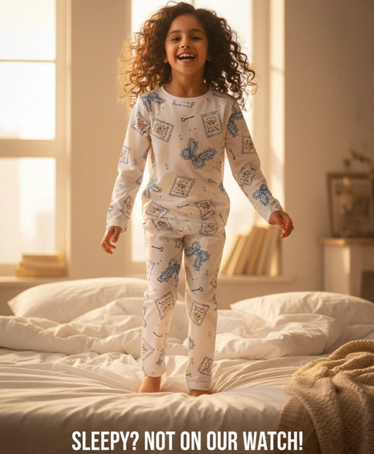 BOW KEY CAT LONG SLEEVE PYJAMA SET - WHITE