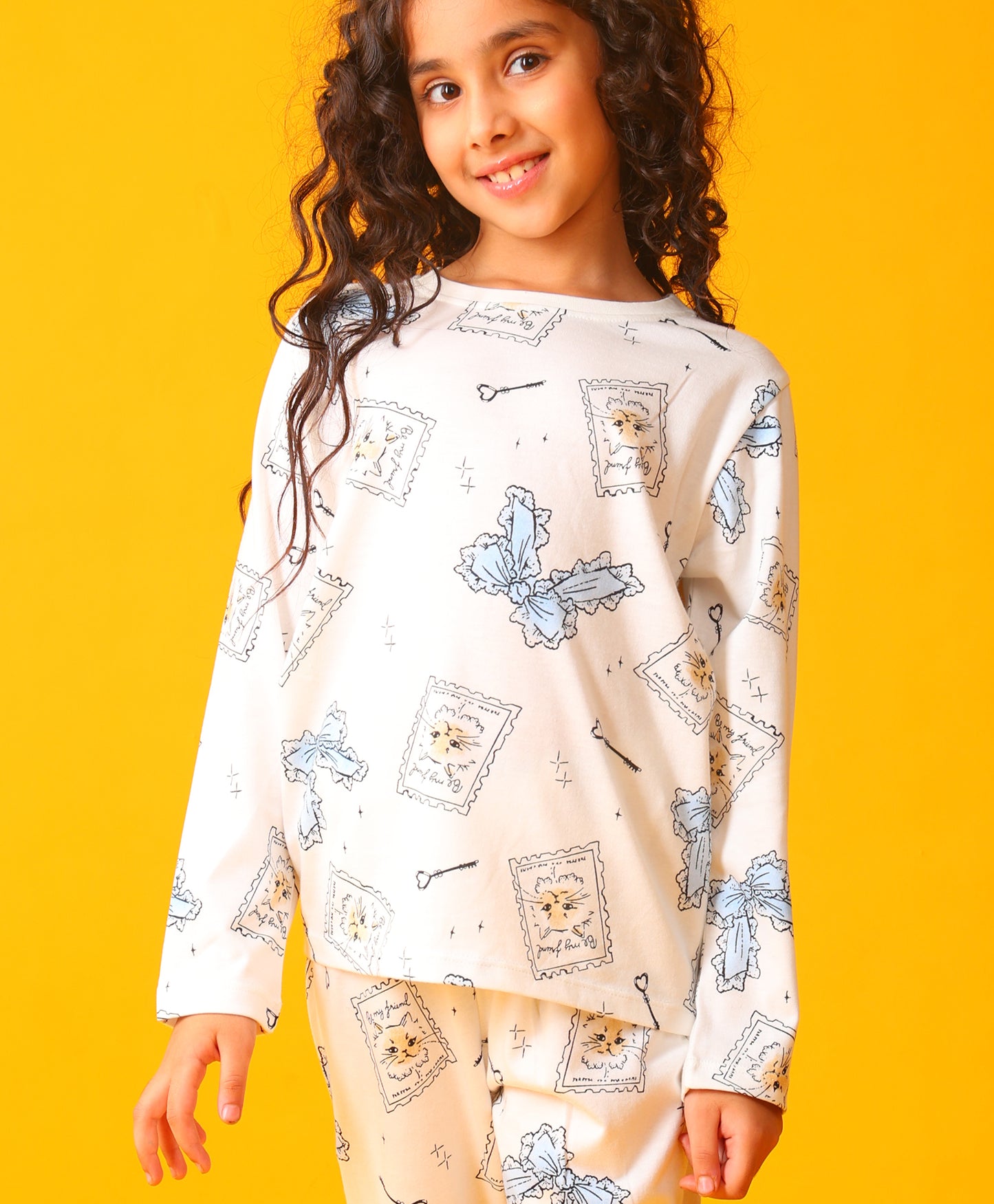 BOW KEY CAT LONG SLEEVE PYJAMA SET - WHITE