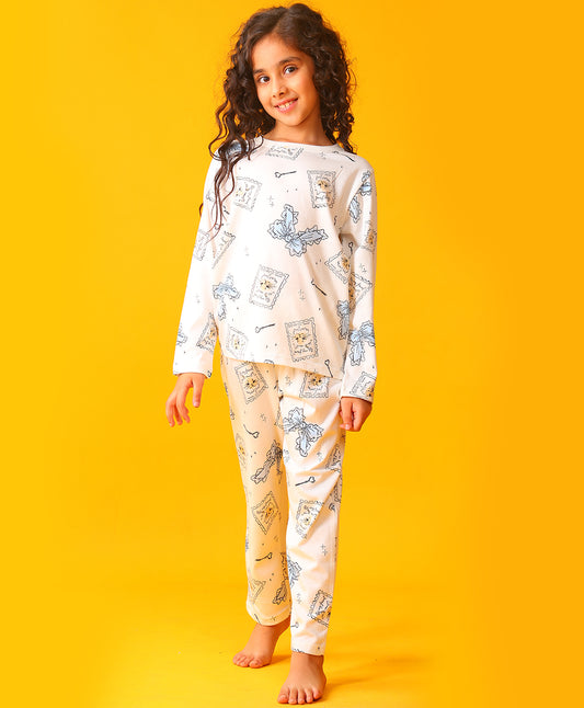 BOW KEY CAT LONG SLEEVE PYJAMA SET - WHITE