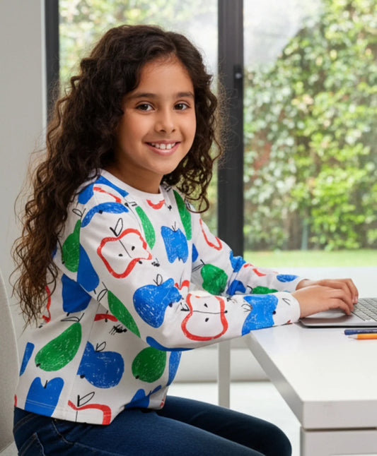 APPLE PEAR LONG SLEEVE GIRLS T-SHIRT - WHITE