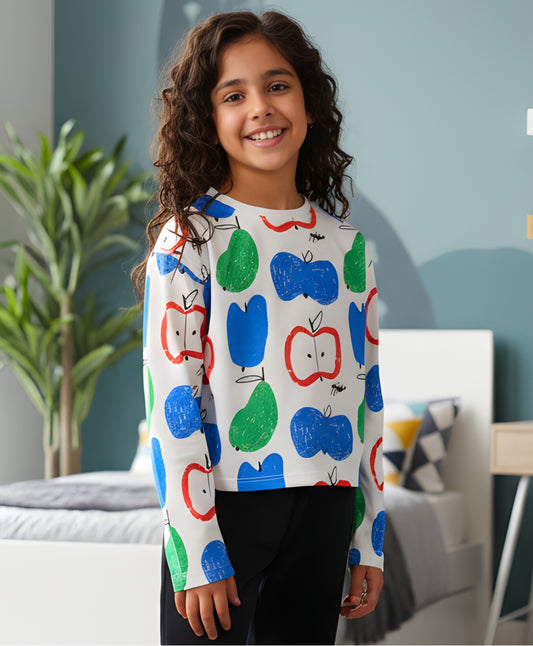 APPLE PEAR LONG SLEEVE GIRLS T-SHIRT - WHITE