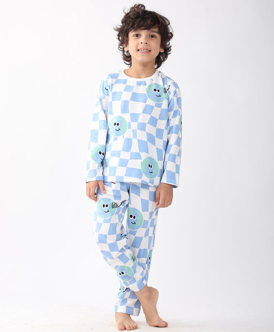 GLOBE CHECK LONG SLEEVE PYJAMA  SET - BLUE
