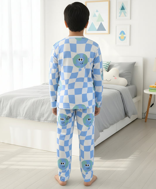 GLOBE CHECK LONG SLEEVE PYJAMA SET - BLUE