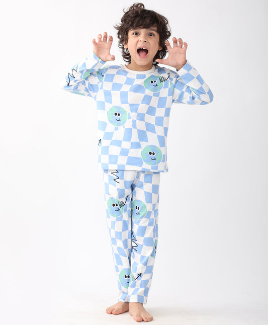 GLOBE CHECK LONG SLEEVE PYJAMA  SET - BLUE