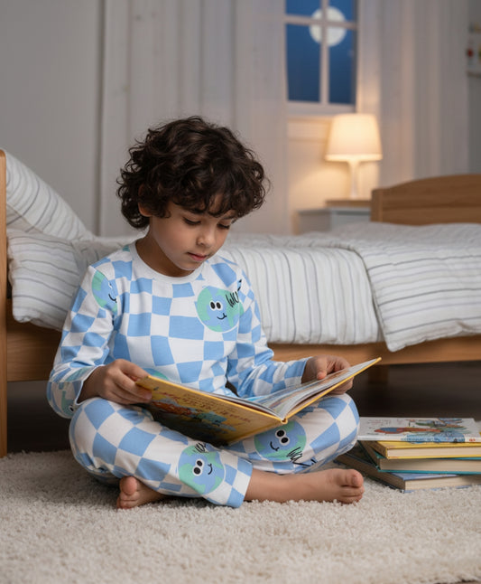 GLOBE CHECK LONG SLEEVE PYJAMA SET - BLUE