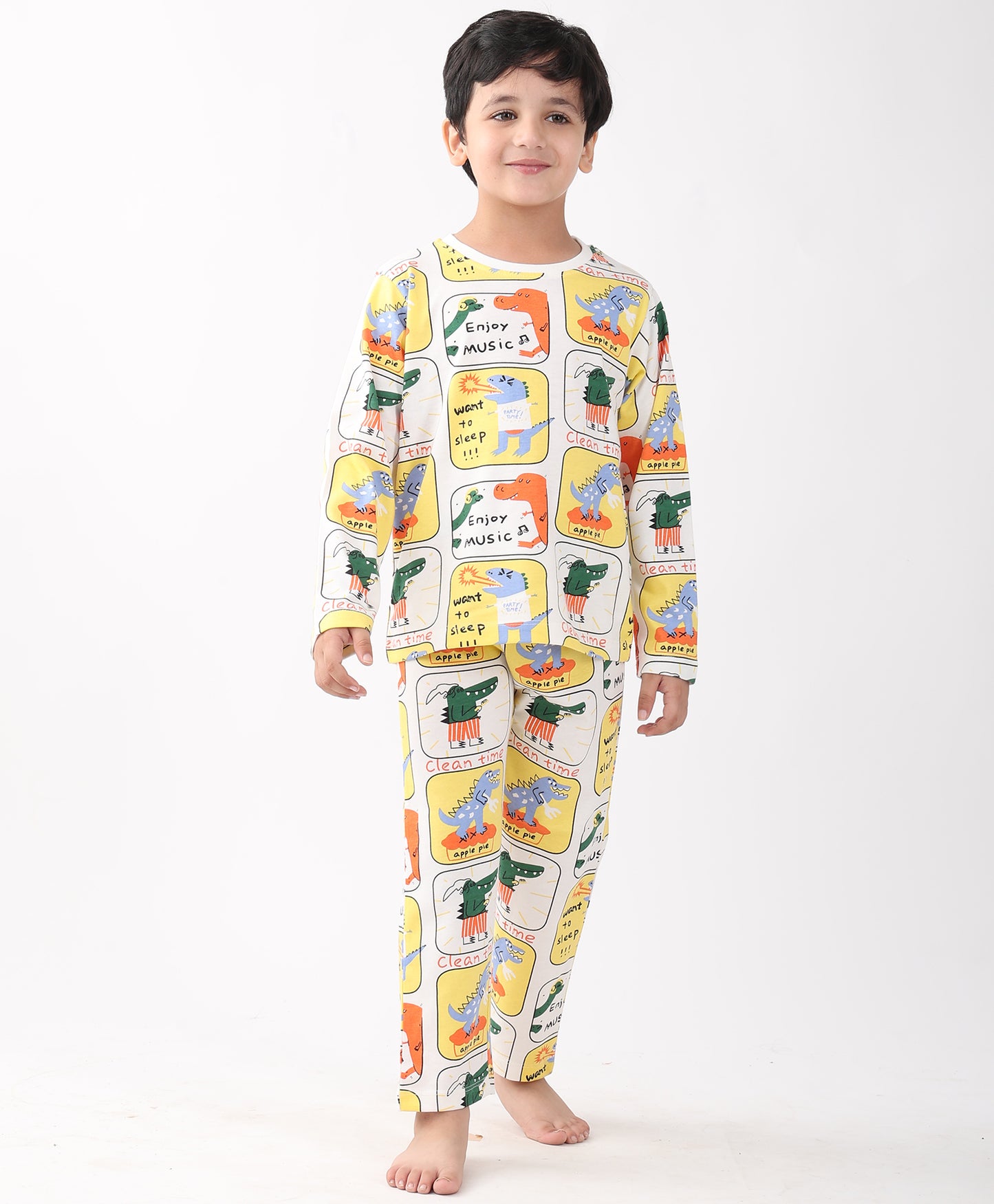 DINOSAUR STAMP LONG SLEEVE PYJAMA SET -WHITE