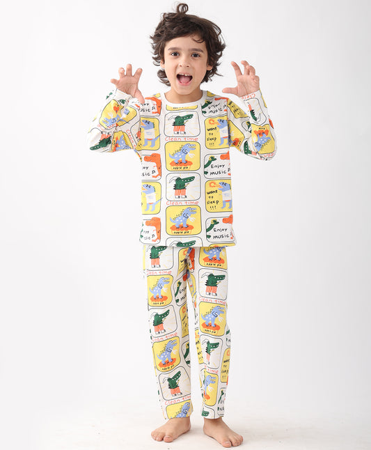 DINOSAUR STAMP LONG SLEEVE PYJAMA SET -WHITE