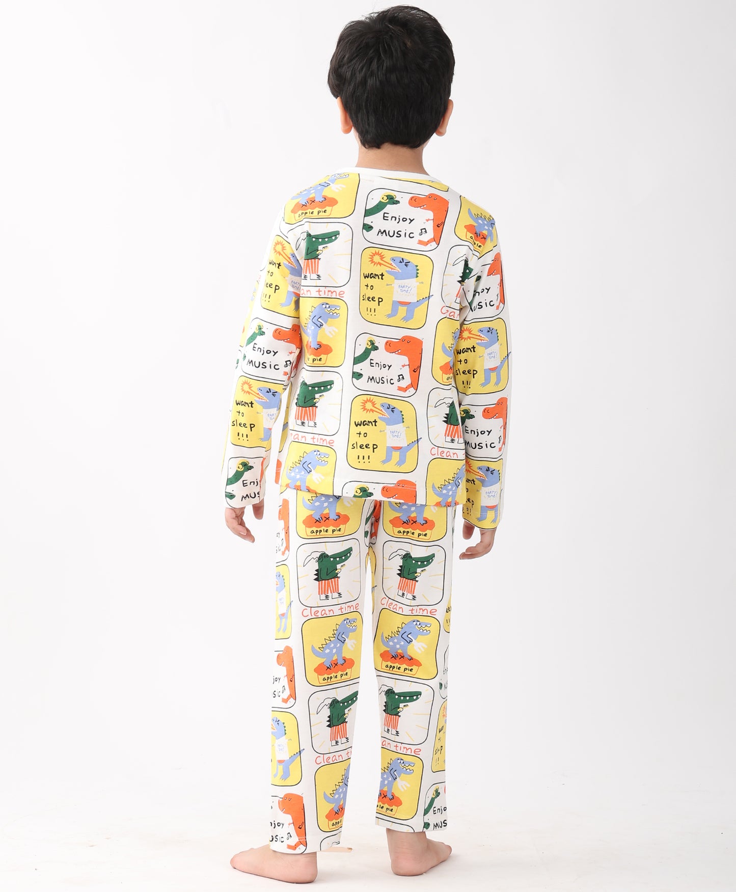 DINOSAUR STAMP LONG SLEEVE PYJAMA SET -WHITE