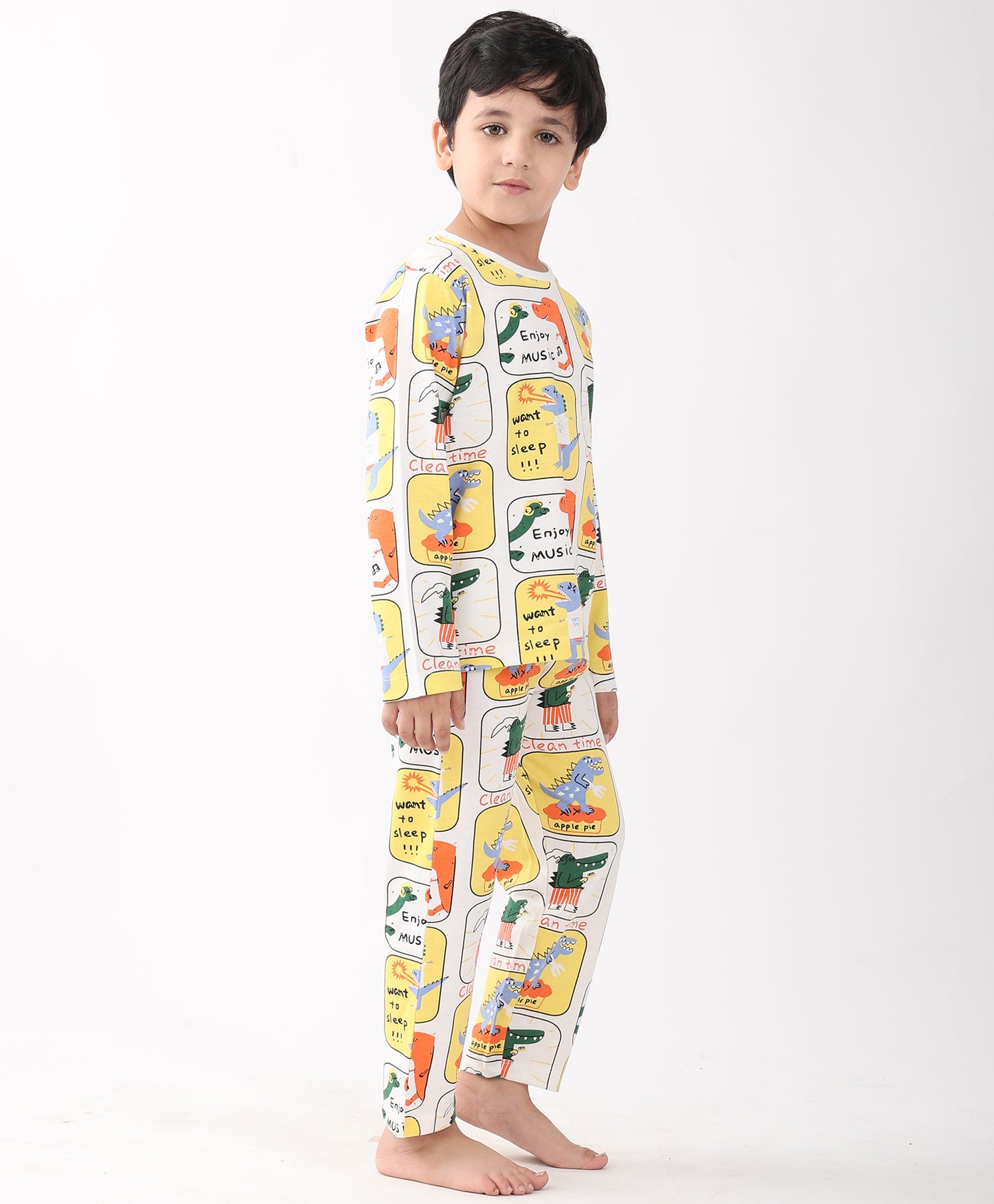 DINOSAUR STAMP LONG SLEEVE PYJAMA SET -WHITE