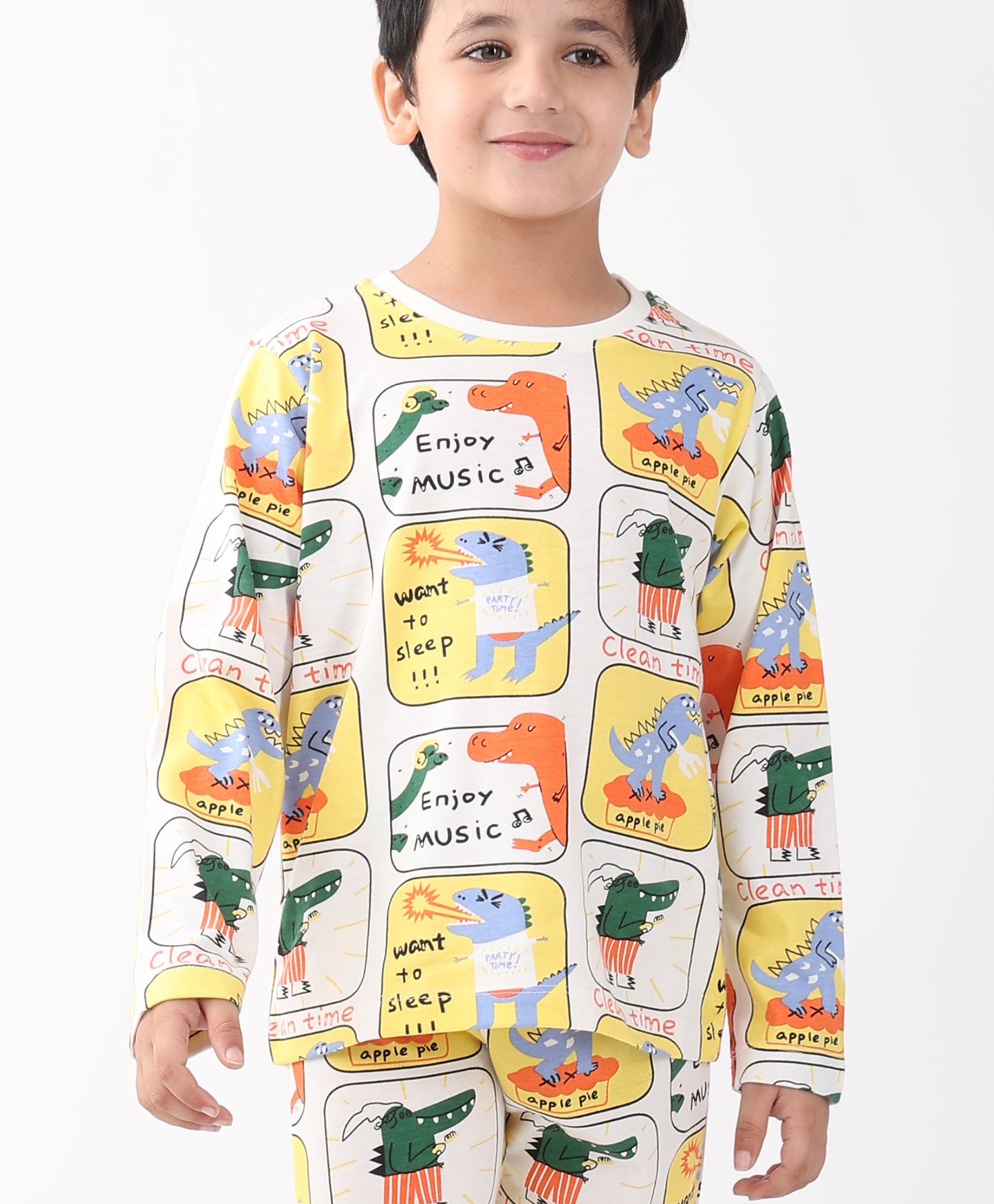 DINOSAUR STAMP LONG SLEEVE PYJAMA SET -WHITE