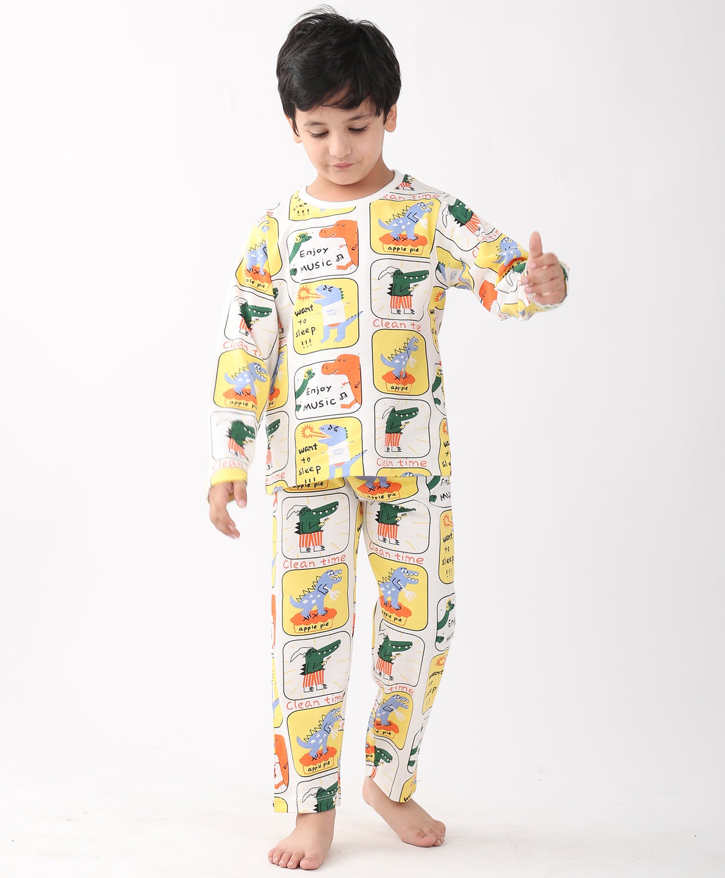 DINOSAUR STAMP LONG SLEEVE PYJAMA SET -WHITE
